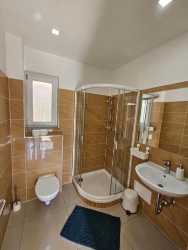 a bathroom with a shower and a toilet and a sink at Domki Cztery Pory Roku in Czchów