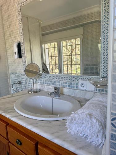 a bathroom with a sink and a mirror at Finca Jaralta de Carmen in La Puebla de los Infantes