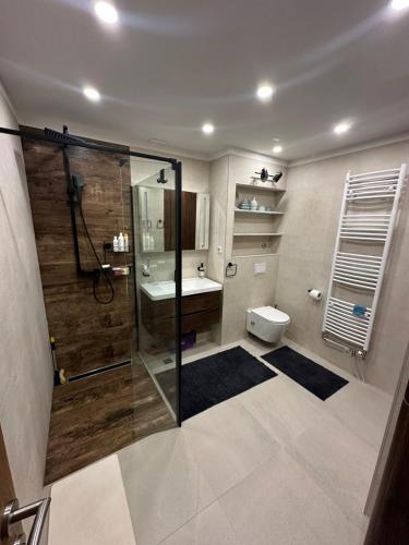 a bathroom with a shower and a toilet and a sink at Golden Apartment in Travnik