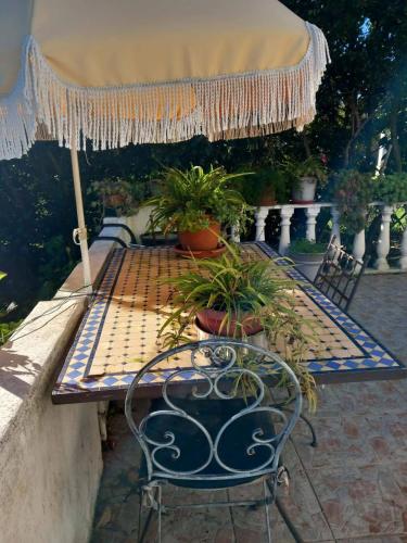 a table and chairs with an umbrella and potted plants at Villa Cardicciosa in Ghisonaccia