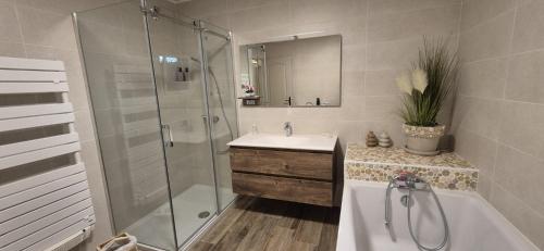 a bathroom with a shower and a sink and a tub at Une Belle Histoire in Argelliers
