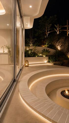 a swimming pool in a house at night at CASA MARINe in Bophut