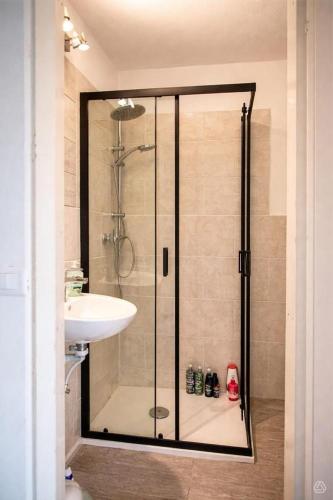 a bathroom with a shower and a sink at La Dimora del Cadore in Domegge di Cadore