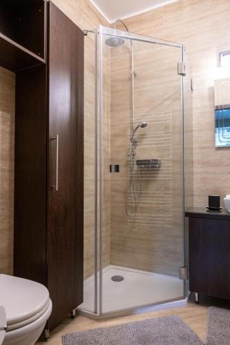 a shower with a glass door in a bathroom at Szent Margit Apartman in Veszprém