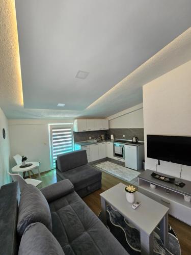 a living room with a couch and a tv at Apartments Horizont Mostar in Mostar