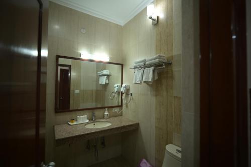 a bathroom with a sink and a mirror at Hotel Sujata in Bodh Gaya