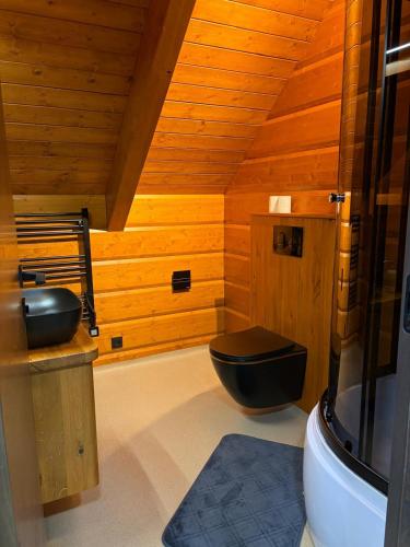 a bathroom with a black toilet and a sink at Chalupa Nicol in Vítějeves