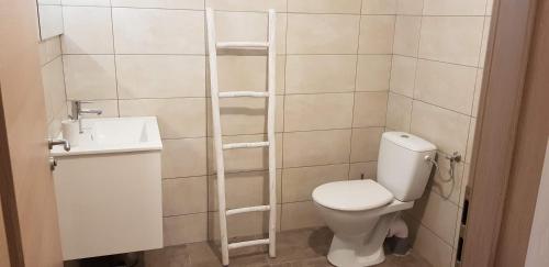 a small bathroom with a toilet and a sink at Porto-Vecchio 2-bedroom apartment, pool in Porto-Vecchio
