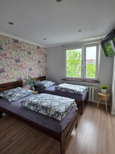 a room with three beds and a tv in it at Apartament dla 7 osób in Głogów