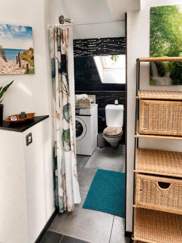 a bathroom with a washer and dryer and a toilet at Old Farmhouse Loft near Vaduz in Sevelen