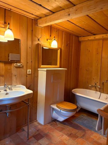 a bathroom with a tub and a toilet and a sink at Chalet de montagne sur le TMB in La Fouly