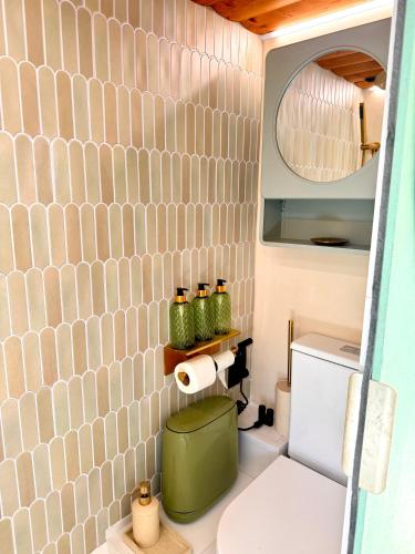 a bathroom with a green toilet and a mirror at Boho luxury caravan in Kisapáti