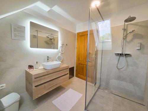 a bathroom with a sink and a glass shower at Weingut Primus Südsteiermark in Spielfeld