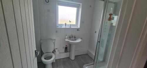 a bathroom with a toilet and a sink and a window at The cosy house in Corton