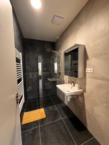 a bathroom with a sink and a shower at Apartmán v komplexu Meridiem in Komárov