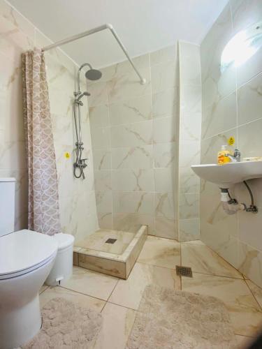 a bathroom with a shower and a toilet and a sink at Plativola Mountain View in Sitia