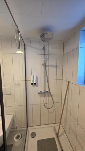 a bathroom with a shower and a sink at Lodge Klein Ganseij in Olst