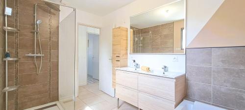 a bathroom with a sink and a shower at L'expérience quiétude espace modernité à Salles in Salles