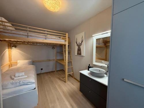 a bedroom with a bunk bed and a sink at Viktoria B19 by Arosa Holiday in Arosa