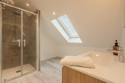 a bathroom with a shower and a sink at Villa Paradis - Grande demeure familiale proche Puy-du-Foυ in Cholet