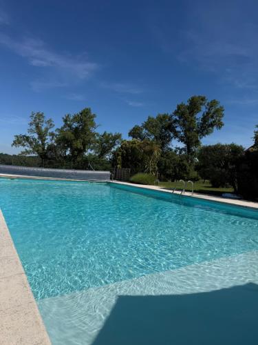 a large blue swimming pool with trees in the background at La rose Poncet in Gardegan-et-Tourtirac