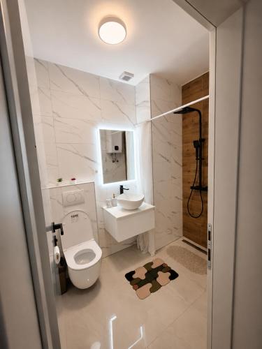 a white bathroom with a toilet and a sink at Apartmani Morѐll 1 in Novalja