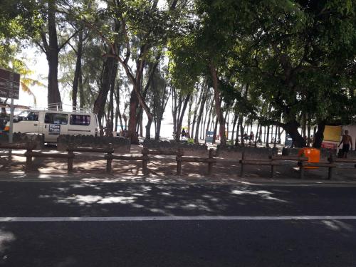 a row of wooden benches in a park with trees at Bano Beach Residence - Grand Bay Beach in Grand Baie