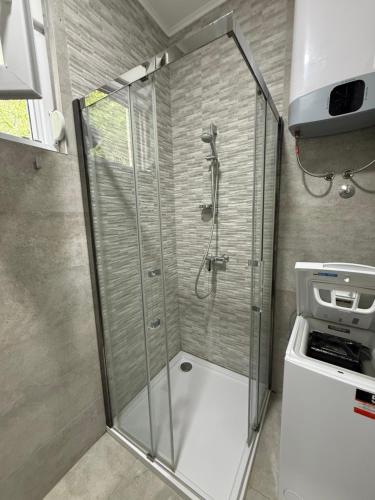 a shower with a glass door in a bathroom at Panorama View Holiday Home in Šušanj