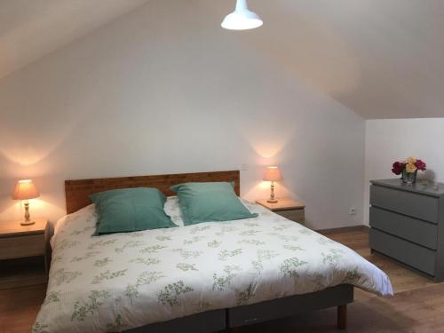 a bedroom with a bed with two night stands and two lamps at Le petit scevolles in Verrue