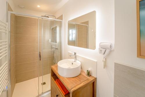 a bathroom with a sink and a shower at Hôtel La Chaumière-Les Pastourelles in Capbreton