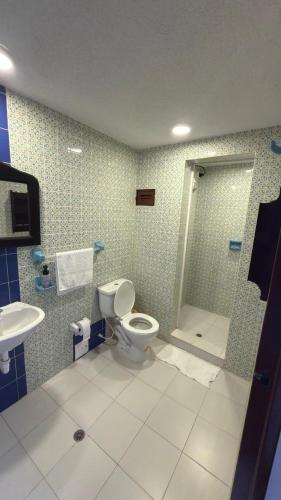 a bathroom with a toilet and a shower and a sink at Hotel Turístico de Tenza in Tenza