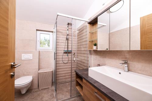 a bathroom with a sink and a toilet and a shower at OLEA Holiday Home Benkovac-private pool,garden and parking in Šopot