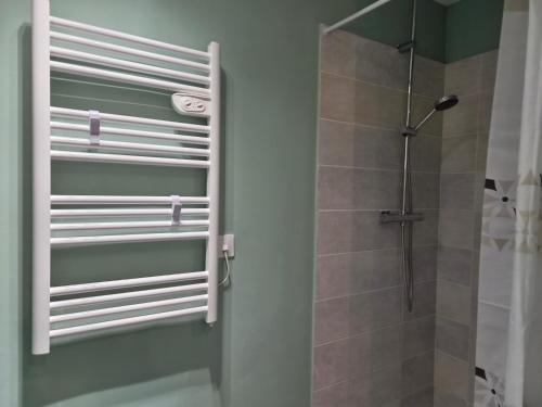 a bathroom with a shower with a glass door at La Part'Thé in Crouy-sur-Cosson