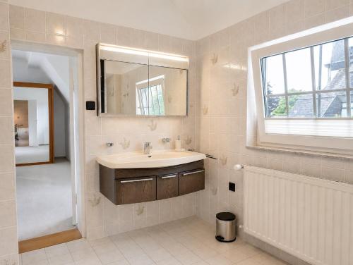 a bathroom with a sink and a mirror at HarzHaus Hahnenklee in Hahnenklee-Bockswiese