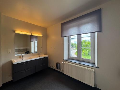 a bathroom with a sink and a large window at Chez Marraine in Nassogne