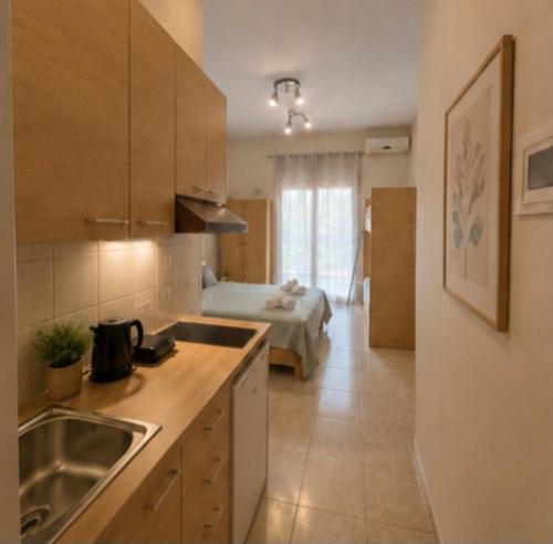 a kitchen with a sink and a room with a bed at Aurora Apartments Stavros in Stavros