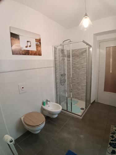 a bathroom with a shower and a toilet and a sink at La Corte della Musica in Roppolo