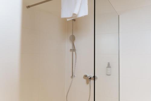 a shower with a shower head and a glass door at ML Business Hotel - Self-Check-in in Lannach