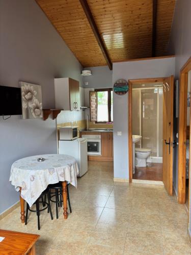 a kitchen with a table and chairs in a room at Apartamentos El Campal in Felechosa