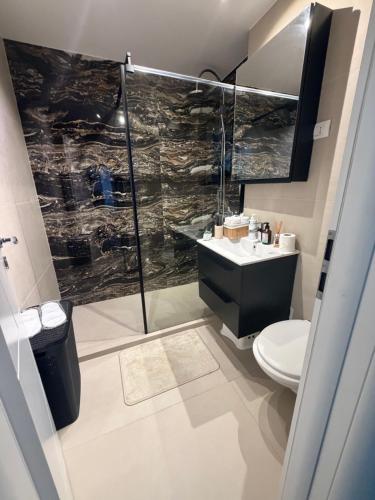 a bathroom with a shower and a sink and a toilet at Urban Central Hub in Giurgiu