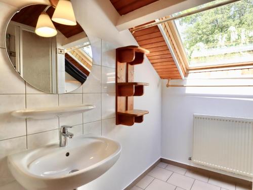 a bathroom with a sink and a mirror at Le Noyer in Lierneux