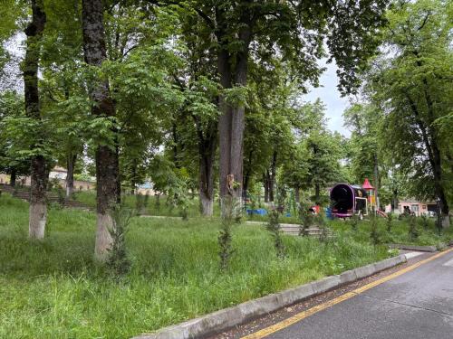 a park with a playground in the grass with trees at Park Hotel in Quba