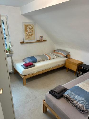 a room with two beds and a table and a bed at Hauckwald Apartment 1 in Alzenau