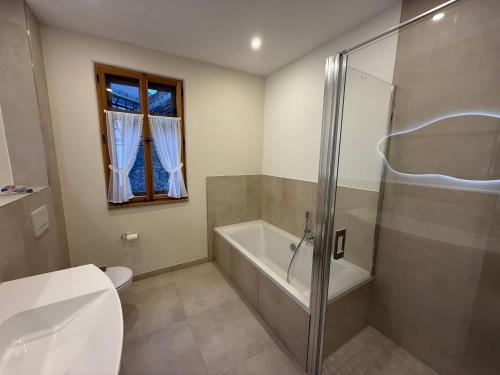 a bathroom with a shower and a tub and a toilet at Wohnen im Denkmal in Weilrod
