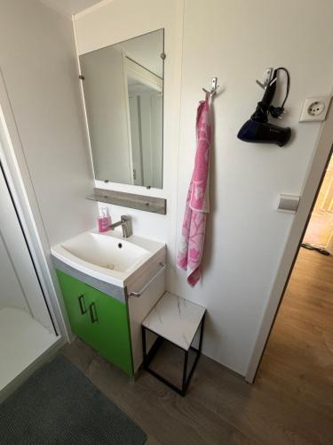 a bathroom with a sink and a mirror at Mobilheim Chalet bei Georg in Seekirchen am Wallersee