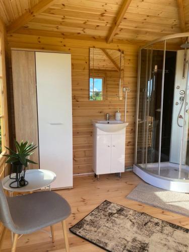 a bathroom with a shower and a sink at Saules sēta 