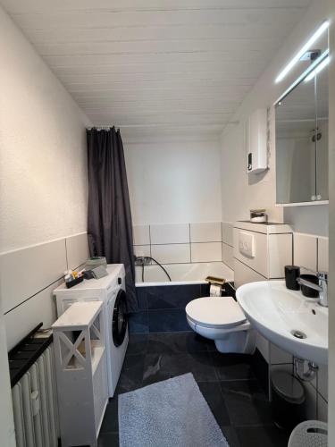 a bathroom with a sink and a toilet and a tub at Happy holiday Westerwald in Ettinghausen