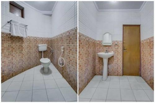 two pictures of a bathroom with a toilet and a sink at HOTEL Embassy in Rānchī