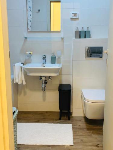 a bathroom with a sink and a toilet at Lumi Apartment in Podgorica