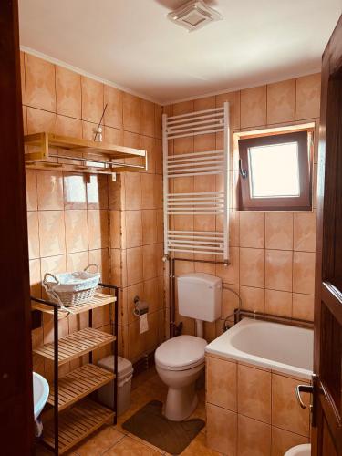 a bathroom with a toilet and a tub and a sink at Casa Izvorul Muntelui in Sadova